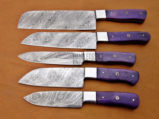 Purple Bone Handle, Handmade Damascus Steel Fixed Blade Kitchen Chef Knife Set, 5 PIECE CHEF SET