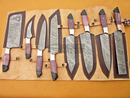 Purple Bone & Buffalo Horn HANDLE Damascus Steel Fixed Blade Kitchen Chef Knife Set, 8 PIECE CHEF SET