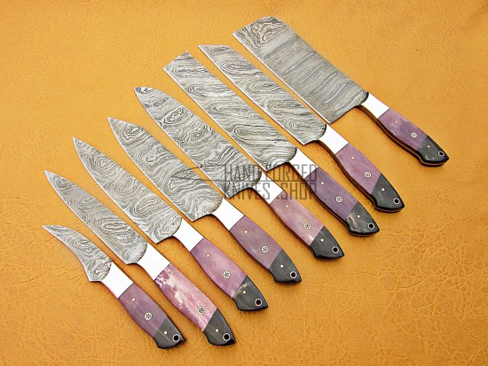Purple Bone & Buffalo Horn HANDLE Damascus Steel Fixed Blade Kitchen Chef Knife Set, 8 PIECE CHEF SET