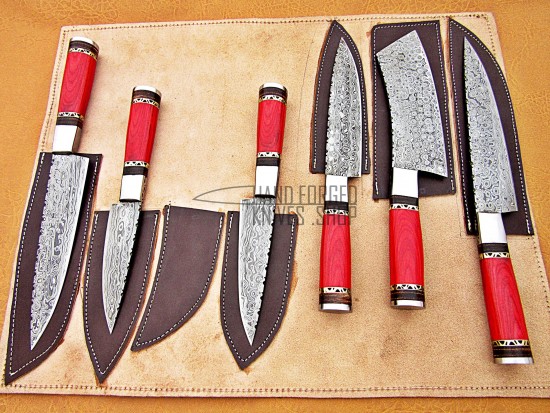 Custom Handmade Damascus Steel Fixed Blade Kitchen Chef Knife Set, 6 PIECE CHEF SET Rounded handle, Red Micarta & Black Fiber Handle