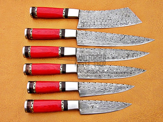 Custom Handmade Damascus Steel Fixed Blade Kitchen Chef Knife Set, 6 PIECE CHEF SET Rounded handle, Red Micarta & Black Fiber Handle