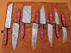 Custom Handmade Damascus Steel Fixed Blade Kitchen Chef Knife Set, 8 PIECE CHEF SET, Red Sheet and Walnut Wood Handle