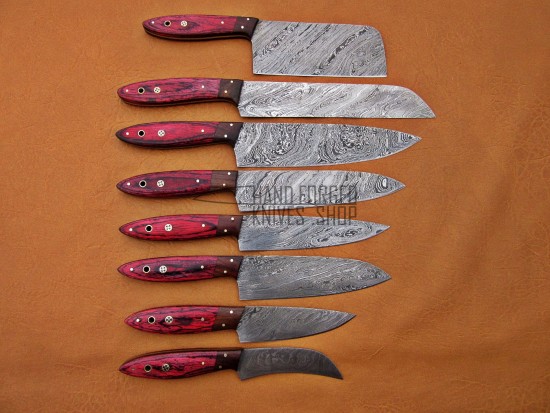 Custom Handmade Damascus Steel Fixed Blade Kitchen Chef Knife Set, 8 PIECE CHEF SET, Red Sheet and Walnut Wood Handle