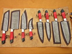 Red Micarta & Buffalo Horn Handle, 8 Piece Chef Set, Handmade Damascus Steel Fixed Blade Kitchen Chef Knife Set 