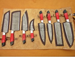 Red Micarta & Buffalo Horn Handle, 8 Piece Chef Set, Handmade Damascus Steel Fixed Blade Kitchen Chef Knife Set 