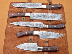 Walnut Wood Handle, Custom Handmade Damascus Steel Fixed Blade Kitchen Chef Knife Set, 5 PIECE CHEF SET
