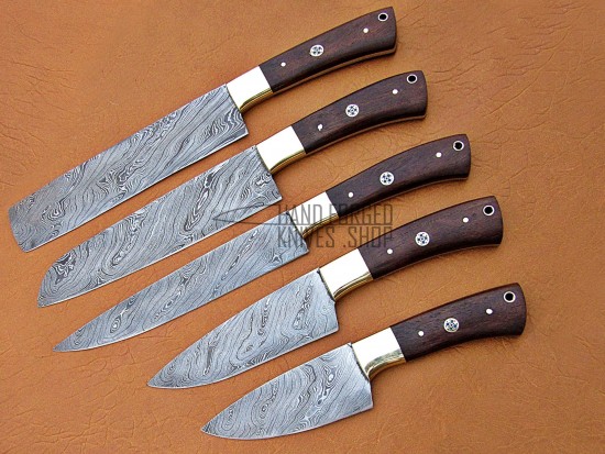 Walnut Wood Handle, Custom Handmade Damascus Steel Fixed Blade Kitchen Chef Knife Set, 5 PIECE CHEF SET