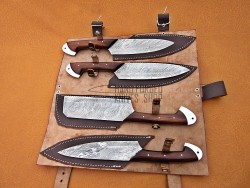 Walnut wood Handle, Custom Handmade Damascus Steel Fixed Blade Kitchen Chef Knife Set, 4 PIECE CHEF SET