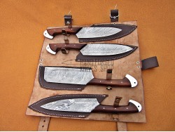 Walnut wood Handle, Custom Handmade Damascus Steel Fixed Blade Kitchen Chef Knife Set, 4 PIECE CHEF SET