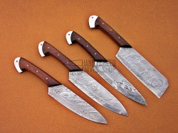 Walnut wood Handle, Custom Handmade Damascus Steel Fixed Blade Kitchen Chef Knife Set, 4 PIECE CHEF SET