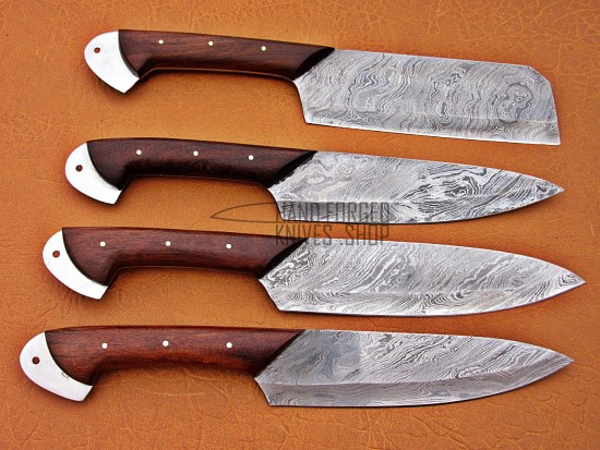 Walnut wood Handle, Custom Handmade Damascus Steel Fixed Blade Kitchen Chef Knife Set, 4 PIECE CHEF SET