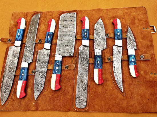 American Flag Custom Handmade Damascus Steel Fixed Blade Kitchen Chef Knife Set, 8 PIECE CHEF SET, USA Flag Handle