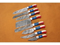 American Flag Custom Handmade Damascus Steel Fixed Blade Kitchen Chef Knife Set, 8 PIECE CHEF SET, USA Flag Handle