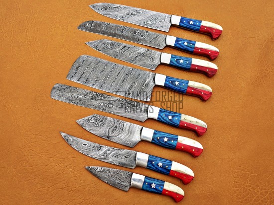 American Flag Custom Handmade Damascus Steel Fixed Blade Kitchen Chef Knife Set, 8 PIECE CHEF SET, USA Flag Handle