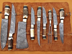 Deer Antler Handle, Handmade Damascus Steel Fixed Blade Kitchen Chef Knife Set, 9 PIECE CHEF SET, Deer Antler and Fiber Handle
