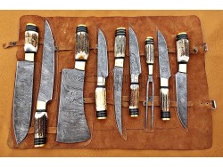 Deer Antler Handle, Handmade Damascus Steel Fixed Blade Kitchen Chef Knife Set, 9 PIECE CHEF SET, Deer Antler and Fiber Handle