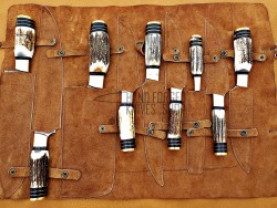 Deer Antler Handle, Handmade Damascus Steel Fixed Blade Kitchen Chef Knife Set, 9 PIECE CHEF SET, Deer Antler and Fiber Handle