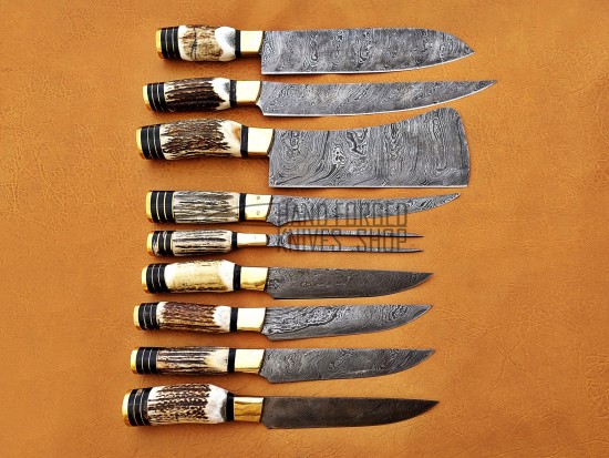 Deer Antler Handle, Handmade Damascus Steel Fixed Blade Kitchen Chef Knife Set, 9 PIECE CHEF SET, Deer Antler and Fiber Handle
