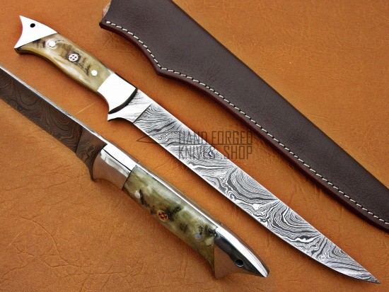 14", Goat/Ram Horn Handle, Fixed Blade, Full Tang, Custom Handmade Fillet Knife Damascus Hunting Knife