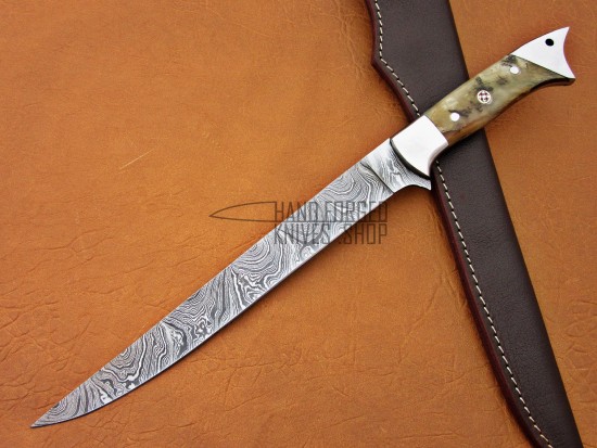 14", Goat/Ram Horn Handle, Fixed Blade, Full Tang, Custom Handmade Fillet Knife Damascus Hunting Knife