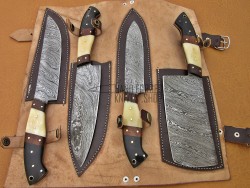 Custom Handmade Damascus Steel Fixed Blade Kitchen Chef Knife Set, 4 PIECE CHEF SET, CAMEL BONE, BUFFALO HORN & WALNUT WOOD HANDLE