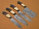 Custom Handmade Damascus Steel Fixed Blade Kitchen Chef Knife Set, 4 PIECE CHEF SET, CAMEL BONE, BUFFALO HORN & WALNUT WOOD HANDLE
