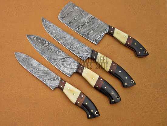 Custom Handmade Damascus Steel Fixed Blade Kitchen Chef Knife Set, 4 PIECE CHEF SET, CAMEL BONE, BUFFALO HORN & WALNUT WOOD HANDLE