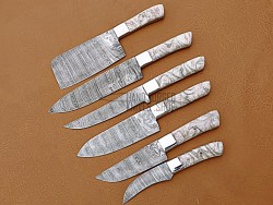 Custom Handmade Damascus Steel Fixed Blade Kitchen Chef Knife Set, 6 PIECE CHEF SET, White Pearl Resin Handle