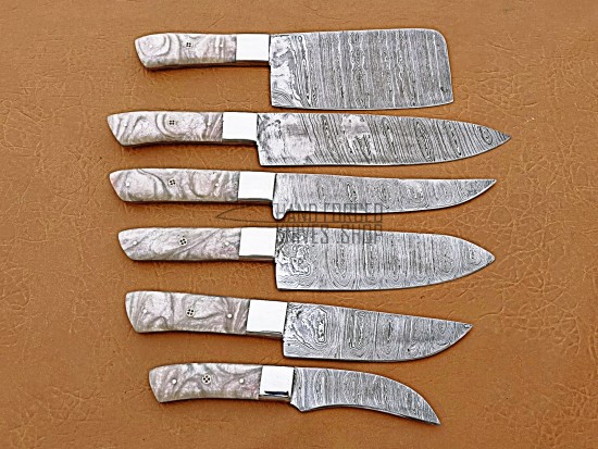Custom Handmade Damascus Steel Fixed Blade Kitchen Chef Knife Set, 6 PIECE CHEF SET, White Pearl Resin Handle