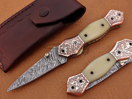Damascus Dagger Folding Knife, 7.5" Handwork Brass Bolster Point Blade, Camel Bone Handle, Pocket Knife, Razor Sharp