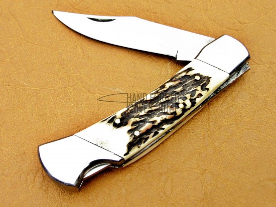 D2 Steel Back Lock Folding Knife, 8" Steel Bolster Razor Sharp, Deer Antler Handle 