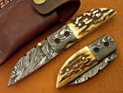 Damascus Deer Antler Folding Knife, 5.5", Damascus Steel Bolster Point Blade, Deer Antler Handle, Pocket Knife, Razor Sharp