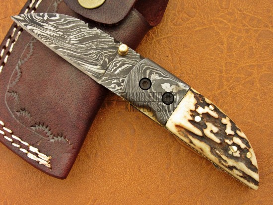Damascus Deer Antler Folding Knife, 5.5", Damascus Steel Bolster Point Blade, Deer Antler Handle, Pocket Knife, Razor Sharp