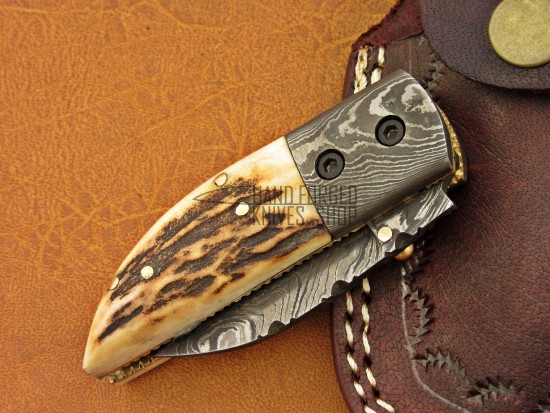 Damascus Deer Antler Folding Knife, 5.5", Damascus Steel Bolster Point Blade, Deer Antler Handle, Pocket Knife, Razor Sharp