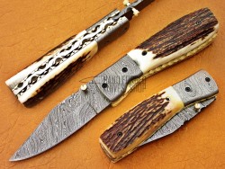 Damascus Deer Antler Folding Knife, 7.5" Damascus Steel Bolster Point Blade, Deer Antler Handle, Pocket Knife, Razor Sharp