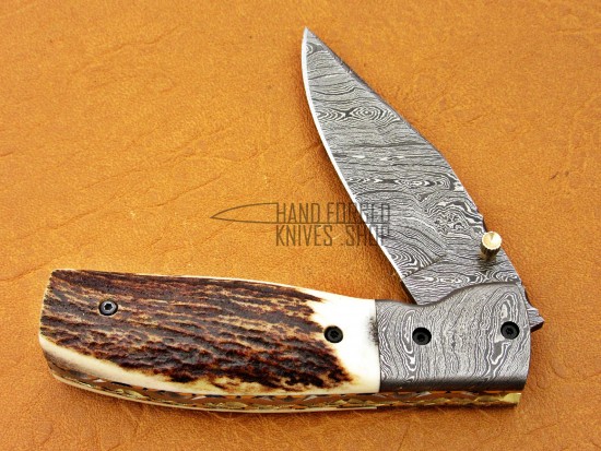 Damascus Deer Antler Folding Knife, 7.5" Damascus Steel Bolster Point Blade, Deer Antler Handle, Pocket Knife, Razor Sharp