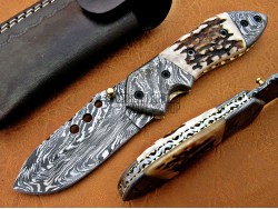 Damascus Deer Antler Folding Knife, 7" Damascus Steel Bolster Point Blade, Deer Antler Handle, Pocket Knife, Razor Sharp
