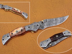 Damascus Folding Knife, 8" Damascus Steel Bolster Point Blade, Brown Color Bone Handle, Pocket Knife, Razor Sharp
