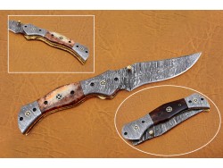 Damascus Folding Knife, 8" Damascus Steel Bolster Point Blade, Brown Color Bone Handle, Pocket Knife, Razor Sharp