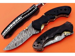 Damascus Folding Knife, 8" Buffalo Horn Bolster Point Blade, Buffalo Horn Handle, Pocket Knife, Razor Sharp