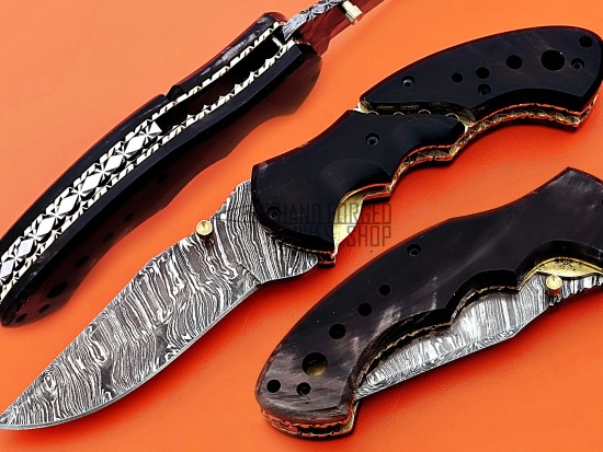 Damascus Folding Knife, 8" Buffalo Horn Bolster Point Blade, Buffalo Horn Handle, Pocket Knife, Razor Sharp