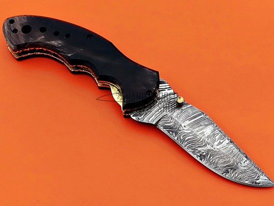 Damascus Folding Knife, 8" Buffalo Horn Bolster Point Blade, Buffalo Horn Handle, Pocket Knife, Razor Sharp