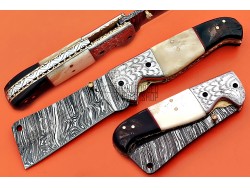 Damascus Folding Knife, 7.5" Handwork Steel Bolster Point Blade, Buffalo Horn, Camel Bone Handle, Pocket Knife, Razor Sharp