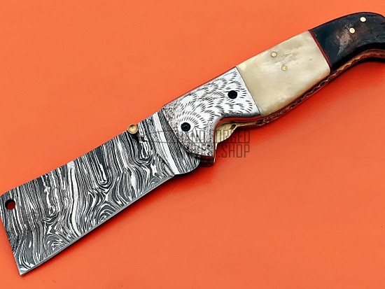 Damascus Folding Knife, 7.5" Handwork Steel Bolster Point Blade, Buffalo Horn, Camel Bone Handle, Pocket Knife, Razor Sharp