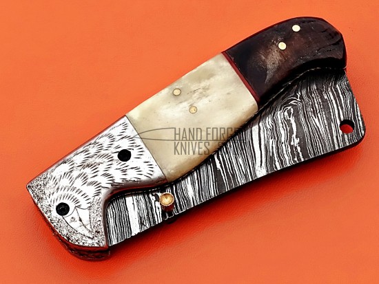 Damascus Folding Knife, 7.5" Handwork Steel Bolster Point Blade, Buffalo Horn, Camel Bone Handle, Pocket Knife, Razor Sharp
