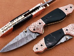 Damascus Folding Knife, 7.5" Handwork Brass Bolster Point Blade, Buffalo Horn Handle, Pocket Knife, Razor Sharp