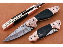 Damascus Folding Knife, 7.5" Handwork Brass Bolster Point Blade, Buffalo Horn Handle, Pocket Knife, Razor Sharp