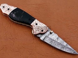 Damascus Folding Knife, 7.5" Handwork Brass Bolster Point Blade, Buffalo Horn Handle, Pocket Knife, Razor Sharp