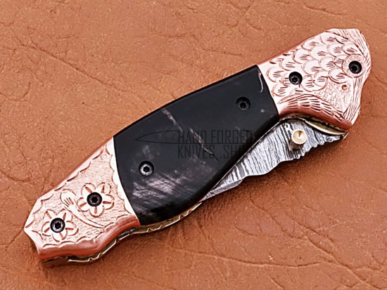 Damascus Folding Knife, 7.5" Handwork Brass Bolster Point Blade, Buffalo Horn Handle, Pocket Knife, Razor Sharp