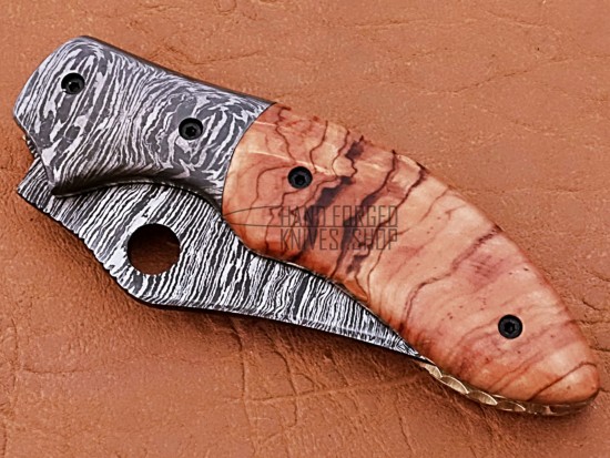 Damascus Folding Knife, 7.0" Damascus Steel Bolster Point Blade, Natural Wood Handle, Pocket Knife, Razor Sharp